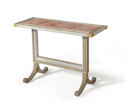 Lot 1356 - A Grey Painted and Parcel Gilt Small Narrow Table, made up from a Louis XVI fire screen signed...