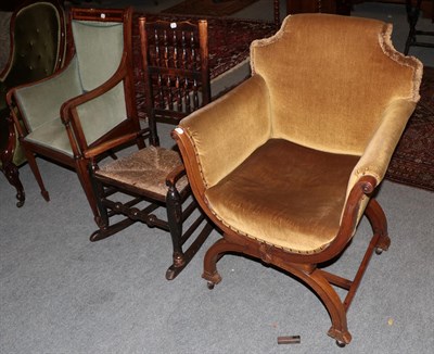 Lot 1276 - A 19th century mahogany Savonarola style X framed chair together with two other chairs (3)