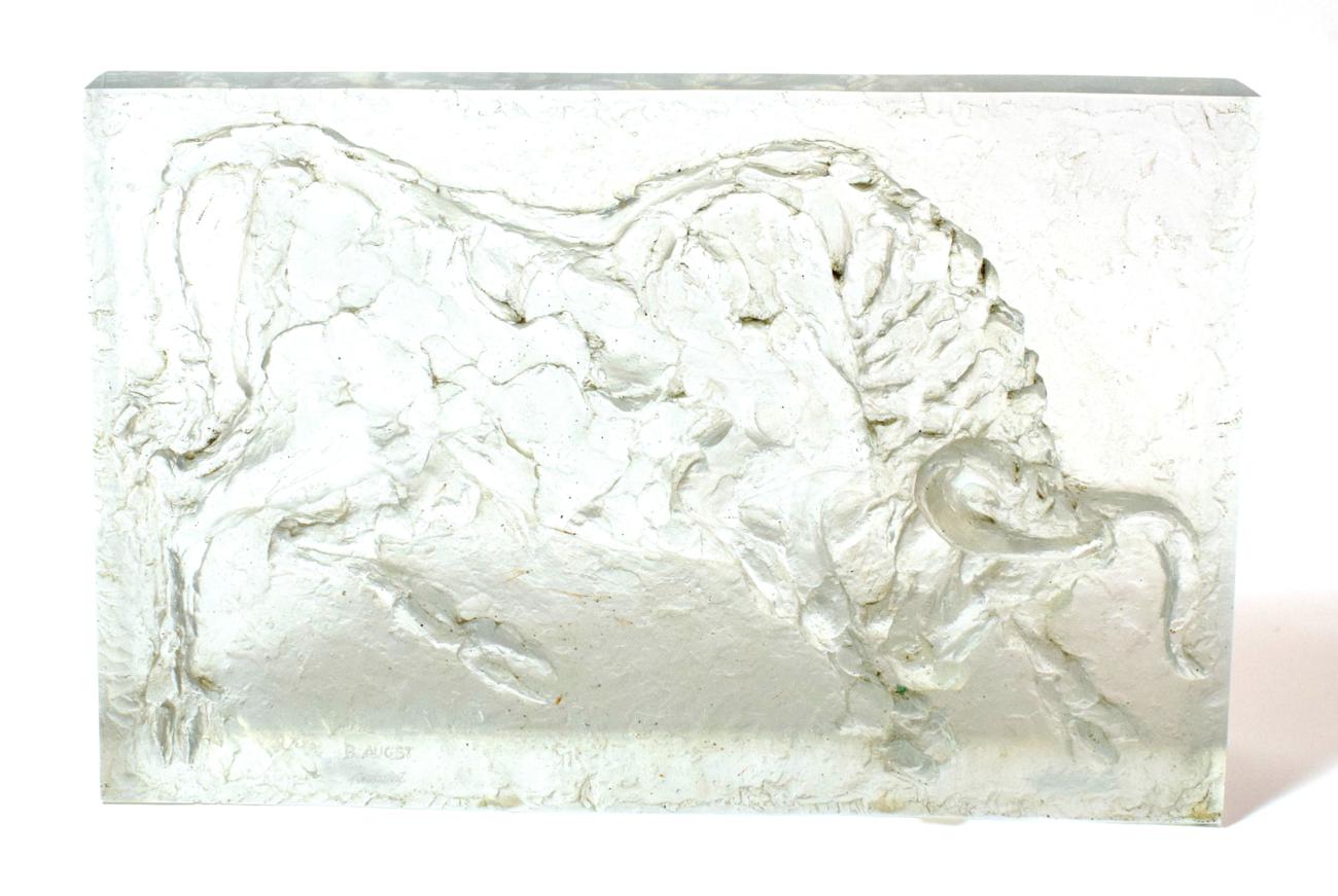 Lot 1012 - A Baccarat Relief Glass Panel, 1970's, after Bernard Augst, modelled as a charging bull, 39cm wide