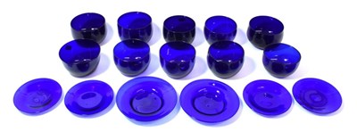 Lot 1018 - A Matched Set of Ten Bristol Type Blue Glass Finger Bowls, 19th century, of semi-ovoid form,...