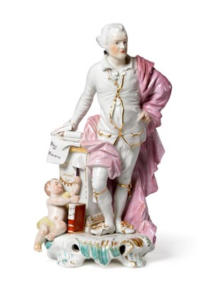 Lot 1030 - ^ A Derby Porcelain Figure of John Wilkes, circa 1775, standing leaning on a pedestal with the Bill