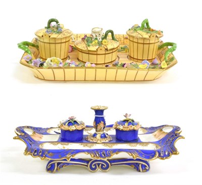 Lot 1040 - A Staffordshire Porcelain Desk Stand, possibly Minton, circa 1840, as simulated pails and...