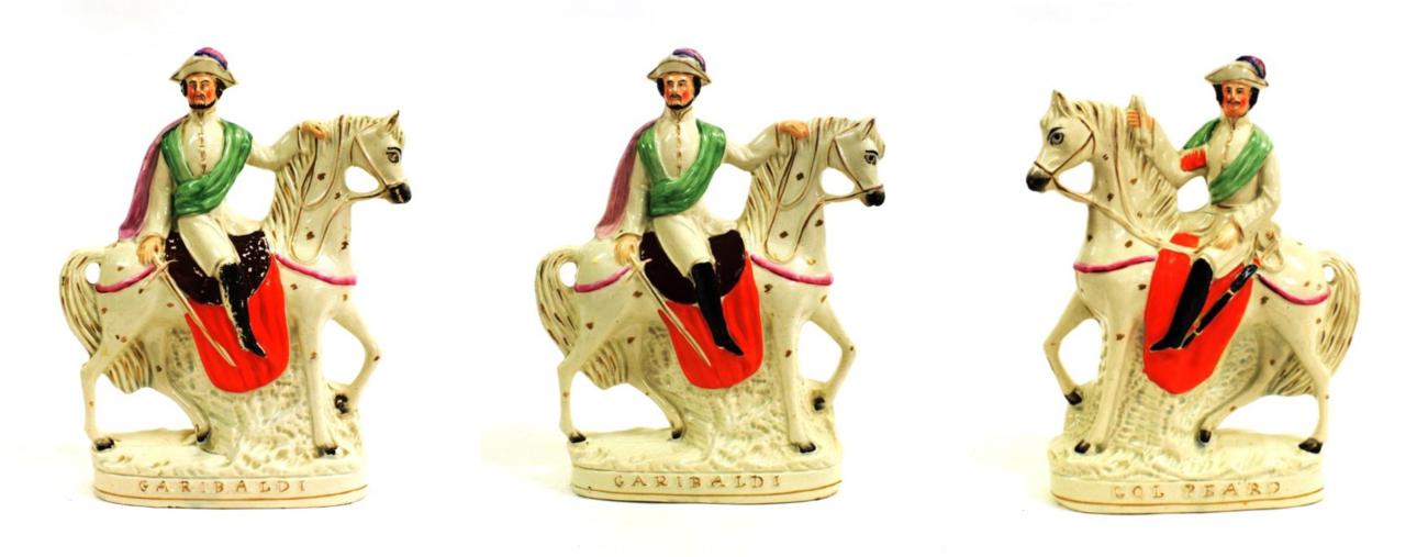 Lot 1047 - A Pair of Staffordshire Pottery Equestrian Figures of Garibaldi and Colonel Peard, mid 19th...