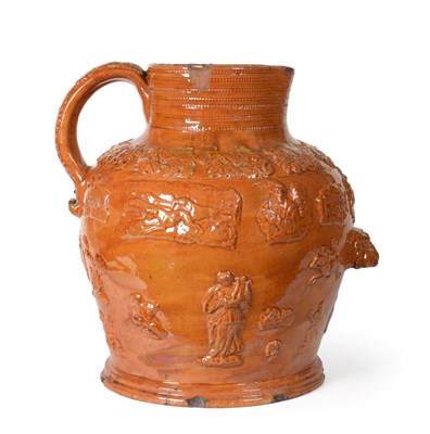Lot 1063 - ^ A Brown Glazed Stoneware Harvest Jug, circa 1830, moulded and applied with various figures...