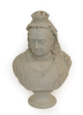 Lot 1066 - A Robinson & Leadbeater Parian Library Bust of Queen Victoria, circa 1887, on a circular socle,...