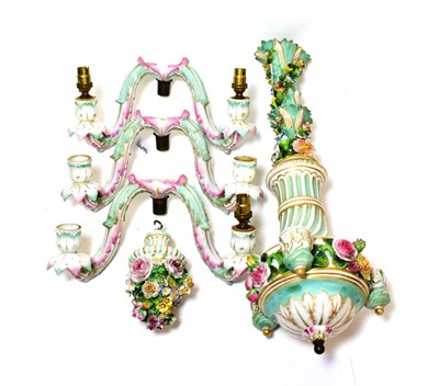 Lot 1084 - A Meissen Style Porcelain Chandelier, late 19th century, with flower encrusted fluted baluster...