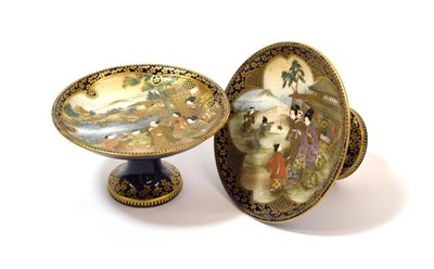 Lot 1095 - A Pair of Satsuma Earthenware Tazzas, Meiji period, painted with figures in landscape on a blue...