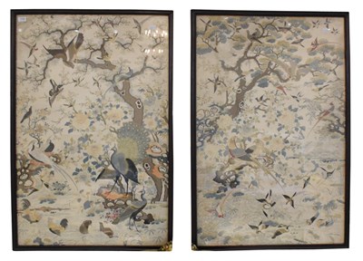 Lot 1096 - A Pair of Chinese Silkwork Panels, late 19th/early 20th century, worked in coloured threads...
