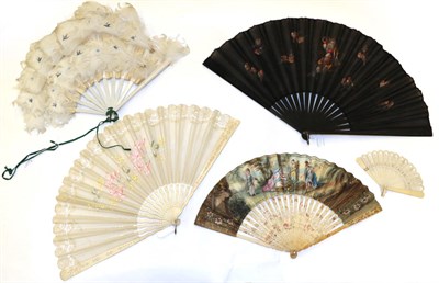 Lot 1101 - Five Fans, to include: A good 18th century ivory fan, the monture carved, pierced and painted...