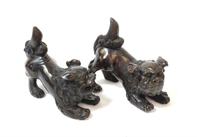 Lot 1111 - A Pair of Chinese Bronze Temple Dogs, late 19th/20th century, crouching with their hind...