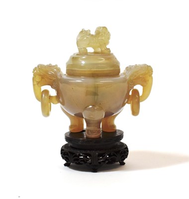 Lot 1114 - A Chinese Agate Censer and Cover, of ovoid form with Dog of Fo knop and elephant's mask and...