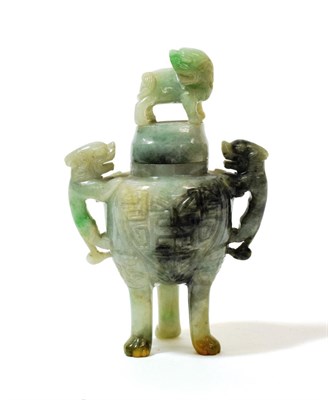 Lot 1115 - A Chinese Jadeite Censer and Cover, of ovoid form carved with Taotie and with mythical beast...