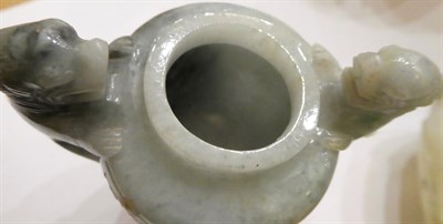 Lot 1115 - A Chinese Jadeite Censer and Cover, of ovoid form carved with Taotie and with mythical beast...