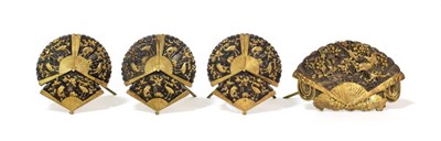 Lot 1128 - A Set of Three Japanese Gilt and Patinated Menu Holders, Meiji period, each as three fans decorated
