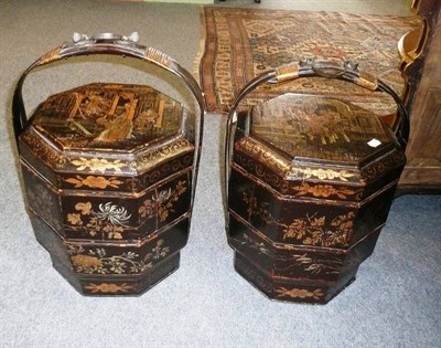 Lot 1389 - A Pair of Oriental Style Gilt Lacquered Octagonal Sectional Food Carriers, each with bentwood...