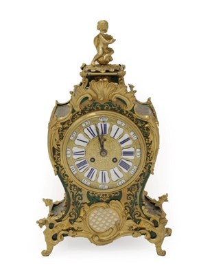 Lot 1166 - A Faux Green Tortoiseshell Striking ''Boulle'' Mantel Clock, circa 1890, surmounted by a seated...