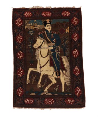 Lot 1211 - Kashan Pictorial Rug Central Iran, circa 1930 The field depicting Shah Ahmed Qajar in military...