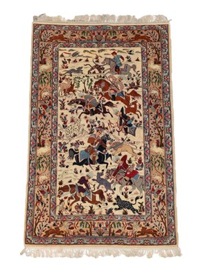 Lot 1212 - Fine Kashan Hunting Rug Central Iran, circa 1960 The ivory ground depicting noblemen hunting...