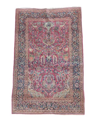 Lot 1223 - Kashan Part Silk Prayer Rug Central Iran, circa 1930 The raspberry field of plants centred by...