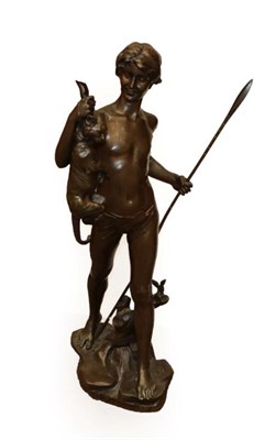 Lot 1252 - Edward Drouot (French, 1859-1945): A Bronze Figure of a Youth, holding a spear and a hare,...
