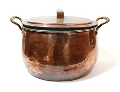 Lot 1259 - A Victorian Copper Cooking Pot and Cover, of bellied oval form with loop handles, inscribed LOWTHER