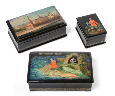 Lot 1269 - Russian School (mid 20th century): A Black Lacquered Papier Mache Box, probably Fedoskino, the...