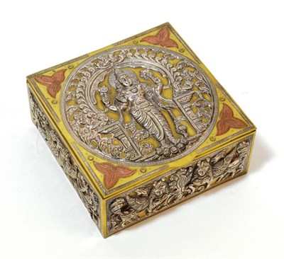 Lot 1273 - An Indian White Metal and Copper Inlaid Brass Box and Cover, 19th century, decorated with a...