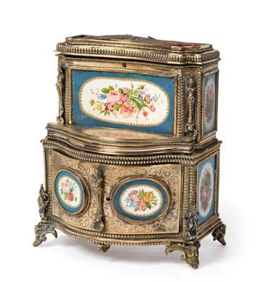 Lot 1276 - A French Sèvres Style Porcelain Mounted White Metal Sewing Cabinet, late 19th century, in the form