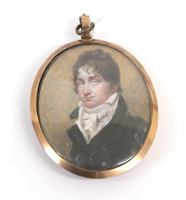 Lot 1299 - English School (19th century): Miniature Bust Portrait of a Gentleman, wearing a white stock...