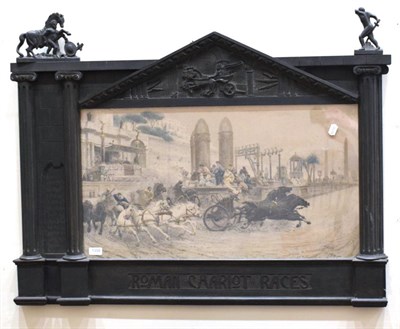 Lot 1308 - After Etore Forti Roman Chariot Races Photogravure, in a carved ebonised architectural frame...