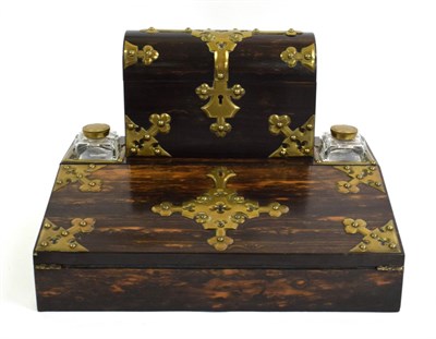 Lot 1313 - A Victorian Coromandel and Gilt Brass Mounted Writing Slope, with domed letter rack casket and twin