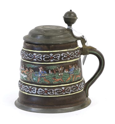 Lot 1331 - A Creussen Pewter Mounted Humpen, dated 1654, of traditional form, moulded and painted with a...