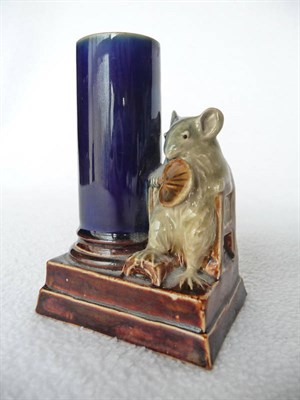 Lot 1419 - A Doulton Lambeth Stoneware Mouse Spill Vase, by George Tinworth, with a pale green plump...