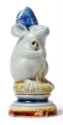 Lot 1421 - A Doulton Lambeth Stoneware Bishop Mouse Chess Piece, glazed white with a blue mitre, impressed...