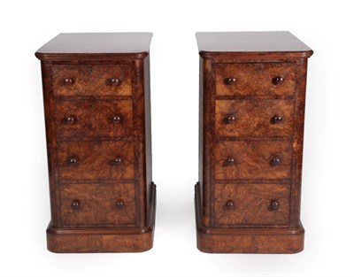 Lot 1433 - A Pair of Victorian Burr Walnut Bedside Cabinets, the four graduated drawers with turned knob...