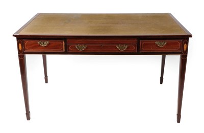 Lot 1454 - An Edwardian Mahogany and Boxwood Strung Writing Table, the rectangular top inset with a faded...