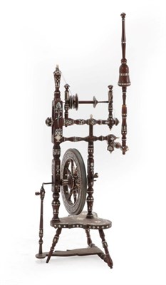 Lot 1481 - An Italian Bone and Mother-of-Pearl Inlaid Fruitwood Spinning Wheel, 19th century, the whole inlaid