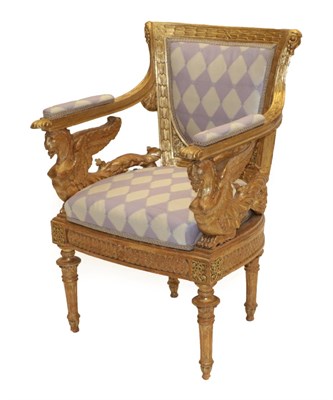 Lot 1485 - An Empire Style Giltwood Ceremonial Fauteuil, in the manner of Jacob-Desmalter, with...