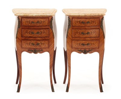 Lot 1490 - A Pair of Louis XV Style Tulipwood and Gilt Metal Mounted Petit Commodes, modern, with marble...