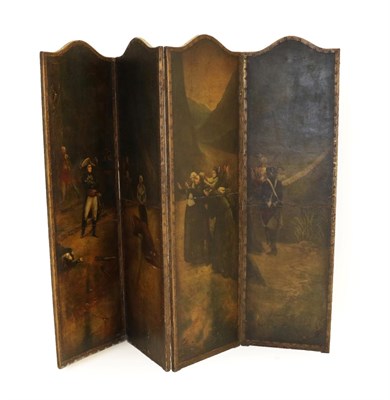 Lot 1501 - An Interesting 19th Century Close-Nailed Painted Four-Leaf Dressing Screen, probably...