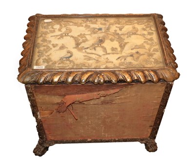 Lot 1505 - A 19th Century Carved Giltwood and Pine Box, the hinged lid enclosing a late 17th century stumpwork