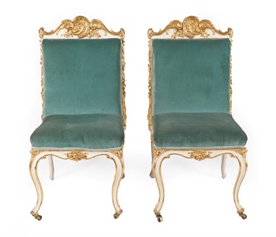 Lot 1510 - A Pair of 19th Century Carved Giltwood and Cream Painted Dining Chairs, recovered in duck egg...