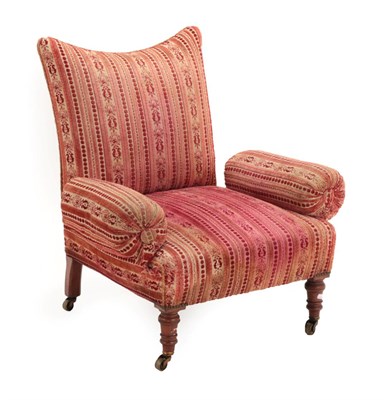 Lot 1515 - A Victorian Upholstered Armchair, 3rd quarter 19th century, of unusual form, covered in red and...