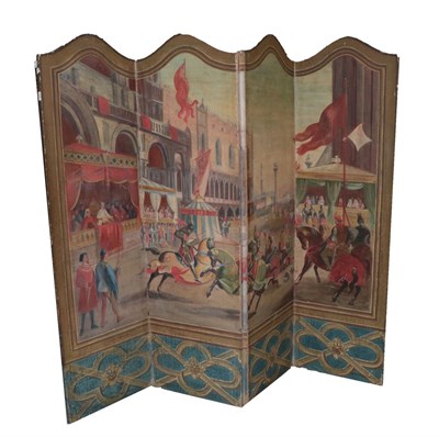 Lot 1527 - A Four-Leaf Painted Leather Dressing Screen, decorated in the Medieval style, each panel 190cm...