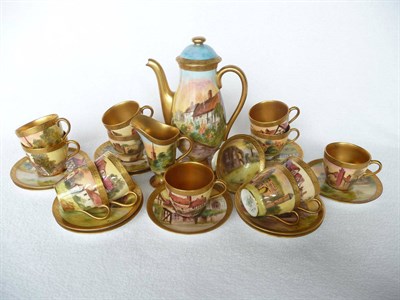 Lot 1438 - A Royal Doulton "Shakespeare's Country" Gilt and Painted Coffee Service, painted by R Brown...