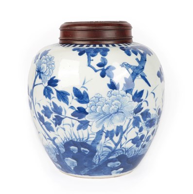 Lot 9 - A Chinese Porcelain Ginger Jar, Kangxi, of ovoid form, painted in underglaze blue with a bird...