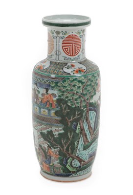 Lot 13 - A Chinese Porcelain Rouleau Vase, Kangxi reign mark but not of the period, painted in famille verte