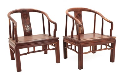 Lot 18 - A Pair of Chinese Mother-of-Pearl Inlaid Huanghuali Armchairs, Qing, with yoke backs, the...