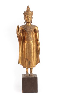 Lot 27 - A Thai Gilt Bronze Figure of Buddha, 19th century, standing wearing scroll headdress and...