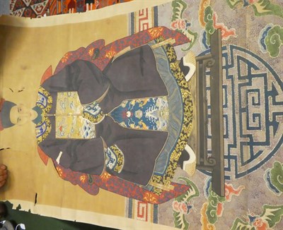 Lot 29 - Chinese School (Qing Dynasty) Ancestor portrait seated in ceremonial robes Gouache heightened...